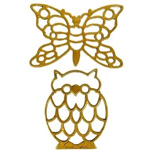 Vintage Brass Owl Butterfly Trivet Set MCM Boho Kitchen Wall Decor Lot 2
